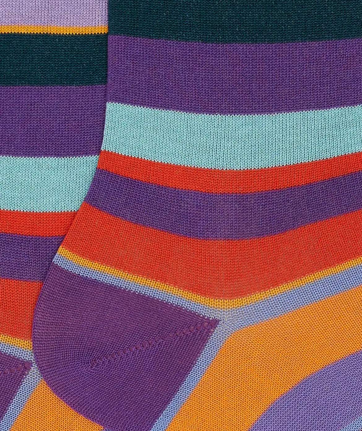 Le righe di una calza Multicolor Gallo viste da vicino: viola, lilla, arancio, verde acqua e petrolio