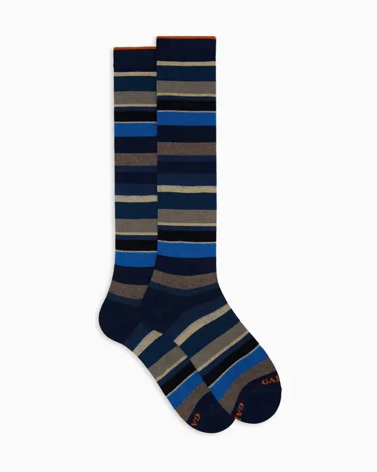 Calze lunghe donna cotone blu righe multicolor
