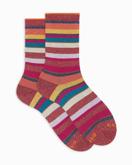 Calze corte donna cotone rosso righe multicolor effetto scintillante
