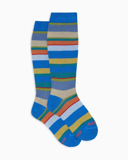 Calze lunghe bambino cotone leggero righe multicolor azzurro