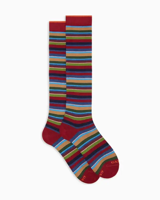 Calze lunghe donna cotone e cashmere bordò righe multicolor micro