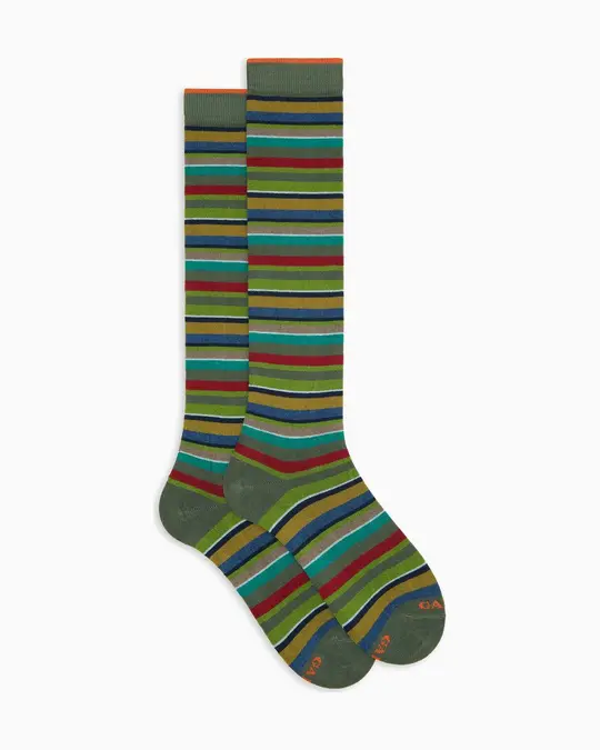 Calze lunghe donna cotone e cashmere verdi righe multicolor micro