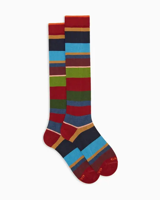 Calze lunghe donna cotone e cashmere bordò righe multicolor macro