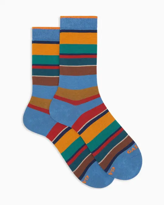 Calze corte donna cotone caldo azzurre righe multicolor