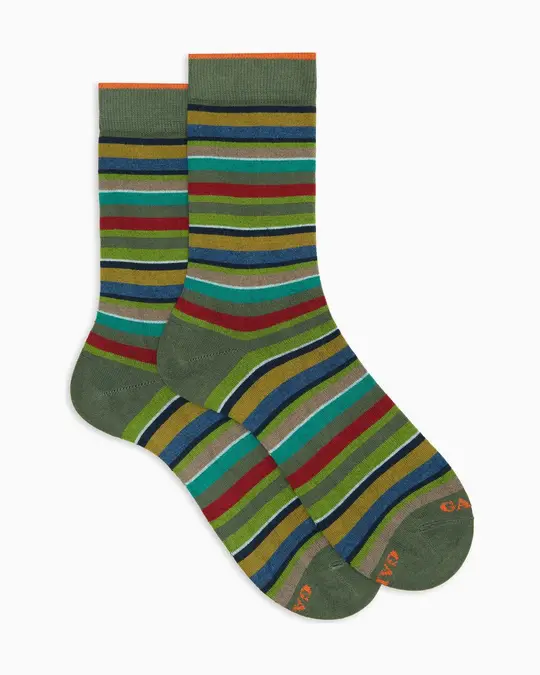 Calze corte uomo cotone e cashmere verdi righe multicolor micro
