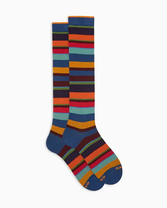 Calze lunghe uomo cotone caldo blu righe multicolor