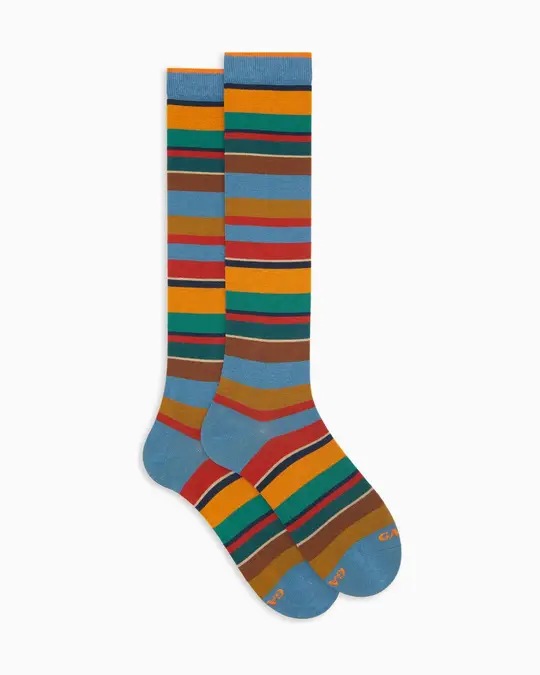 Calze lunghe uomo cotone caldo azzurre righe multicolor
