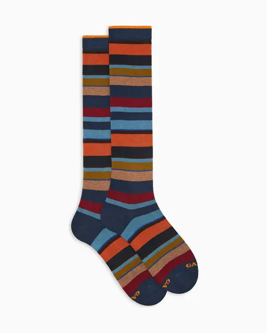 Calze lunghe uomo cotone caldo blu righe multicolor