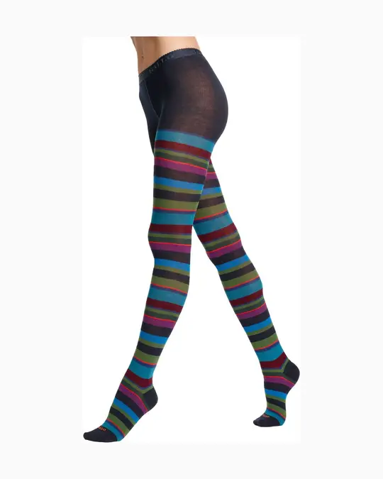 Collant donna cotone caldo blu righe multicolor