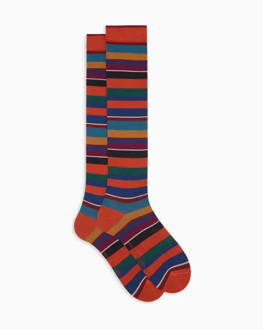Calze lunghe uomo lana arancio righe multicolor