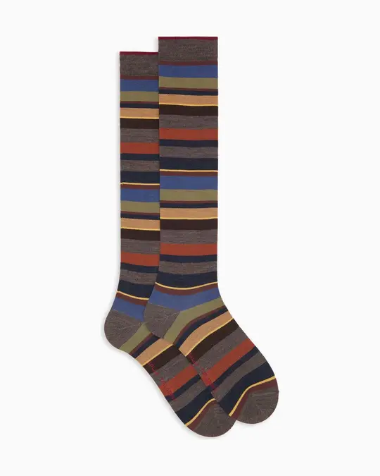 Calze lunghe uomo lana marrone righe multicolor