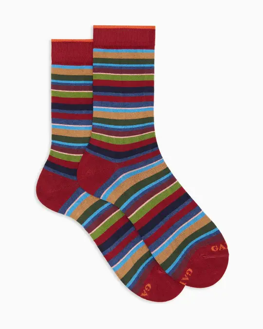 Calze corte donna cotone e cashmere bordò righe multicolor micro