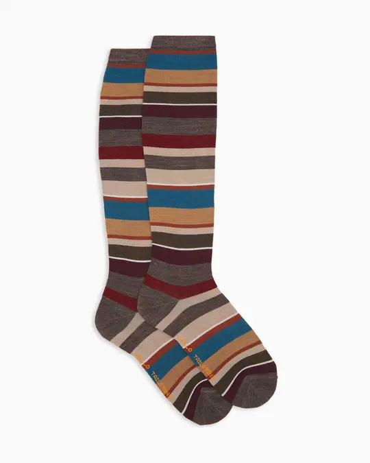 Calze lunghe donna lana beige righe multicolor