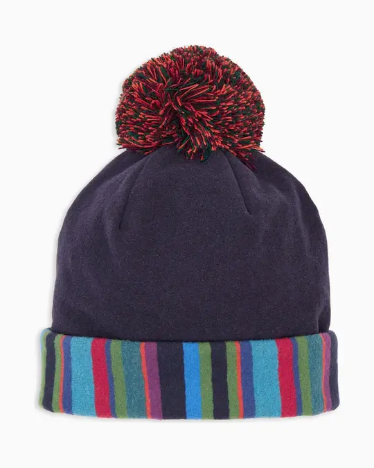 Berretto bambino blu tinta unita con pom pon multicolor