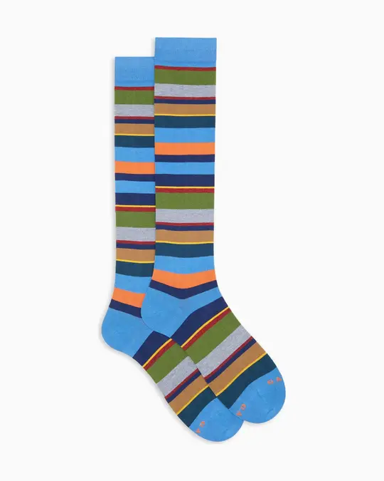 Calze lunghe uomo cotone leggero azzurre righe multicolor