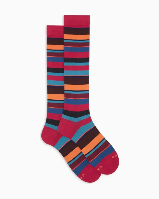 Calze lunghe donna cotone leggero rosse righe multicolor