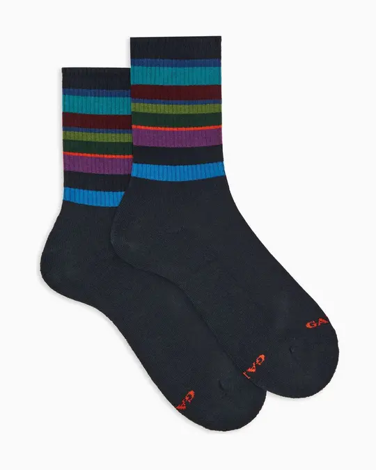 Calze corte uomo spugna di cotone caldo blu e fascia righe multicolor