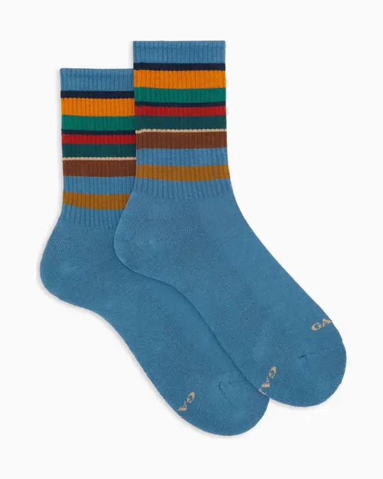 Calze corte uomo spugna di cotone caldo azzurre e fascia righe multicolor