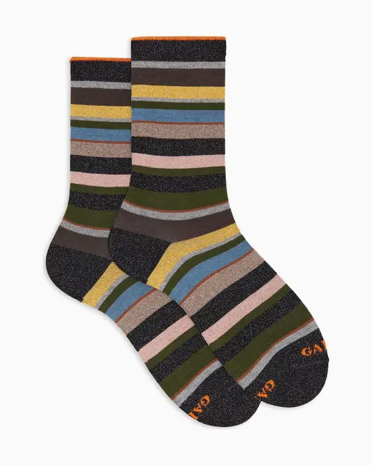 Calze corte donna cotone caldo nere effetto scintillante righe multicolor