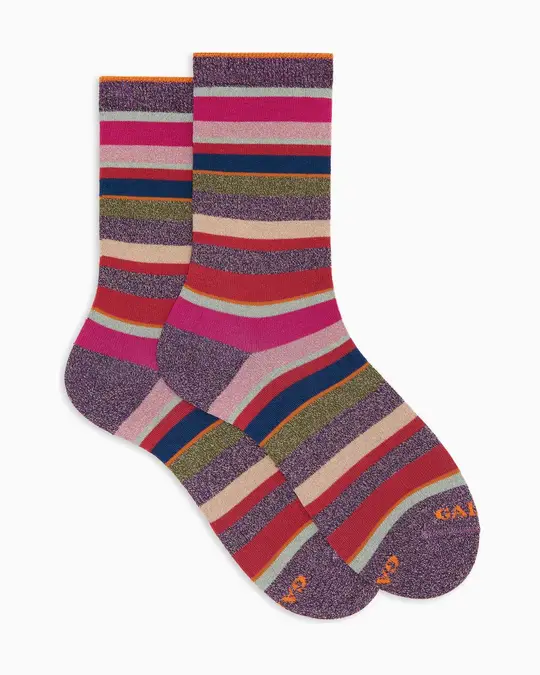 Calze corte donna cotone caldo viola effetto scintillante righe multicolor