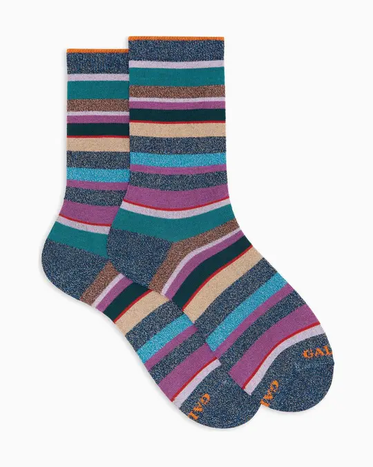Calze corte donna cotone caldo blu effetto scintillante righe multicolor