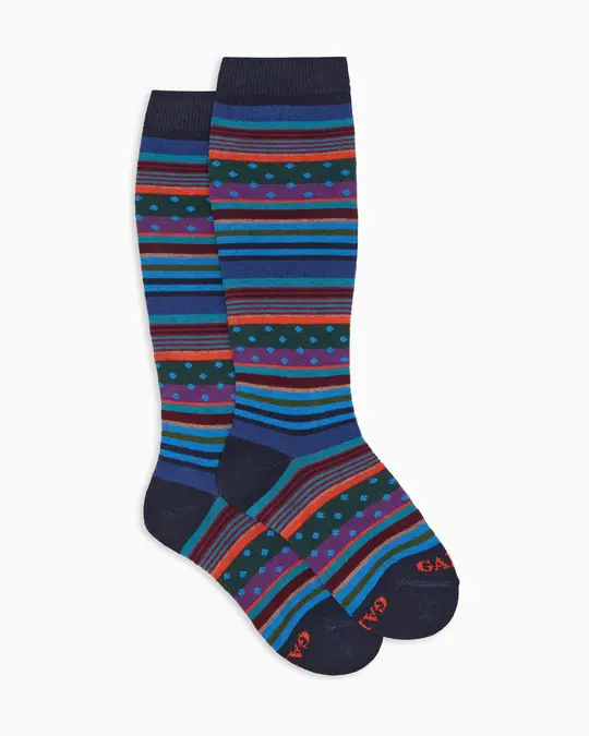 Calze lunghe bambino cotone caldo blu fantasia mix righe e pois