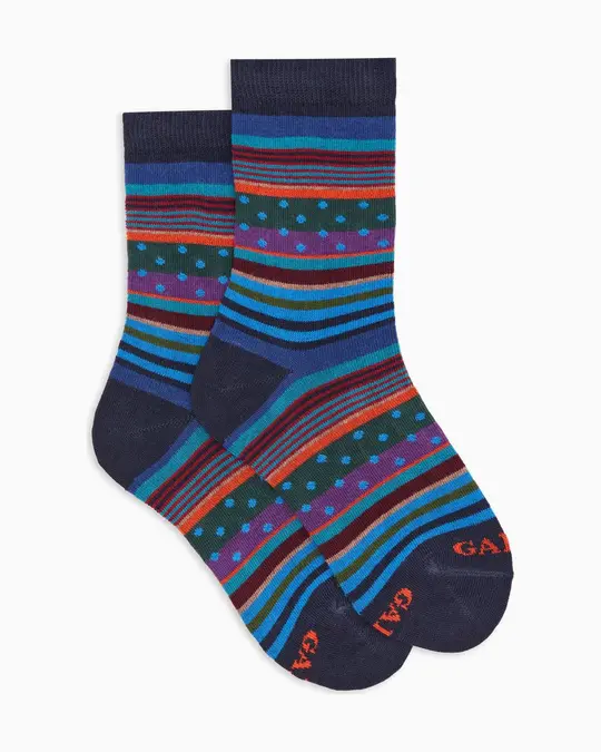Calze corte bambino cotone caldo blu fantasia mix righe e pois