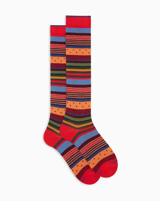 Calze lunghe donna cotone caldo rosse fantasia mix righe e pois