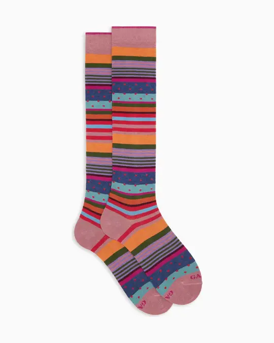 Calze lunghe donna cotone caldo rosa fantasia mix righe e pois