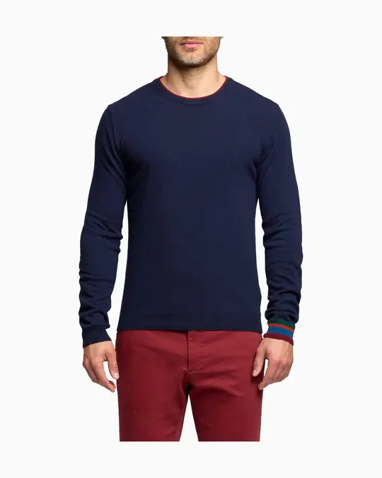 Pull girocollo uomo lana, viscosa e cashmere blu tinta unita