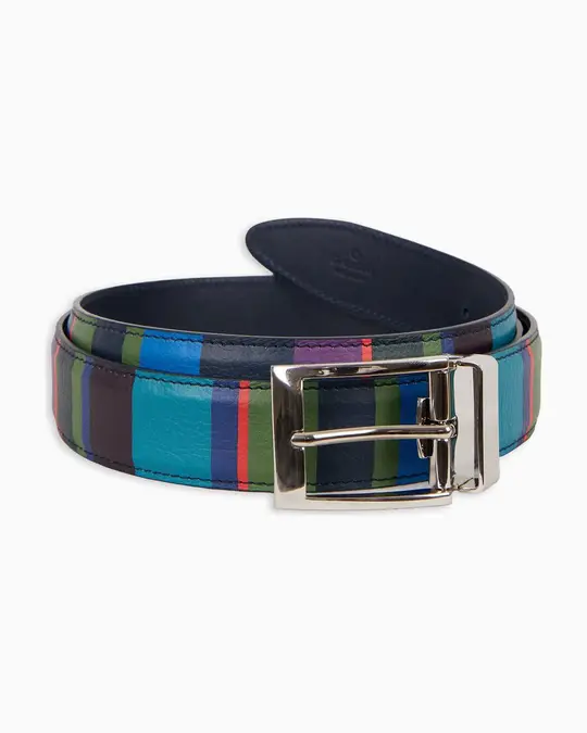 Cintura accorciabile e reversibile unisex pelle martellata blu righe multicolor
