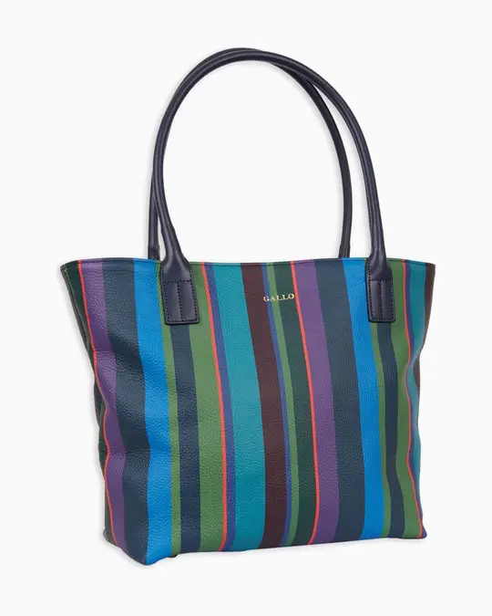 Borsa shopping grande donna in pelle martellata blu righe multicolor