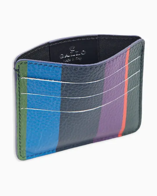 Porta carta di credito unisex in pelle martellata blu righe multicolor