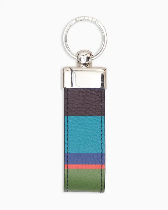 Portachiavi listello doppio unisex pelle martellata blu righe multicolor