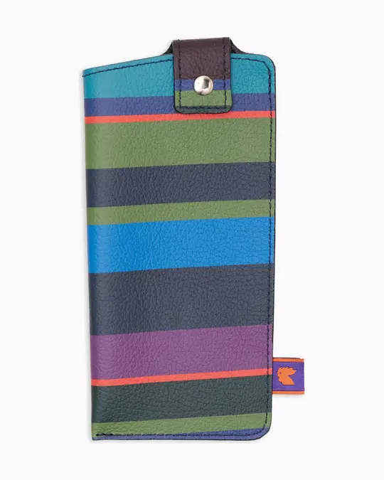 Porta occhiali unisex pelle martellata blu righe multicolor