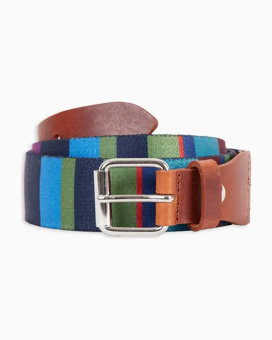 Cintura nastro elastica unisex blu righe multicolor con inserti in pelle