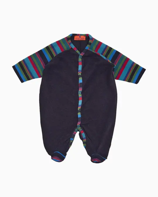 Tutina con piedi bambino pile blu tinta unita con inserti righe multicolor