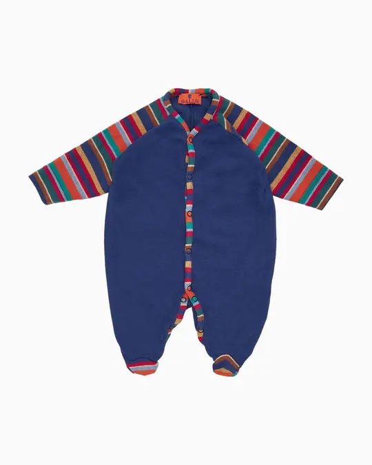 Tutina con piedi bambino pile azzurro tinta unita con inserti righe multicolor