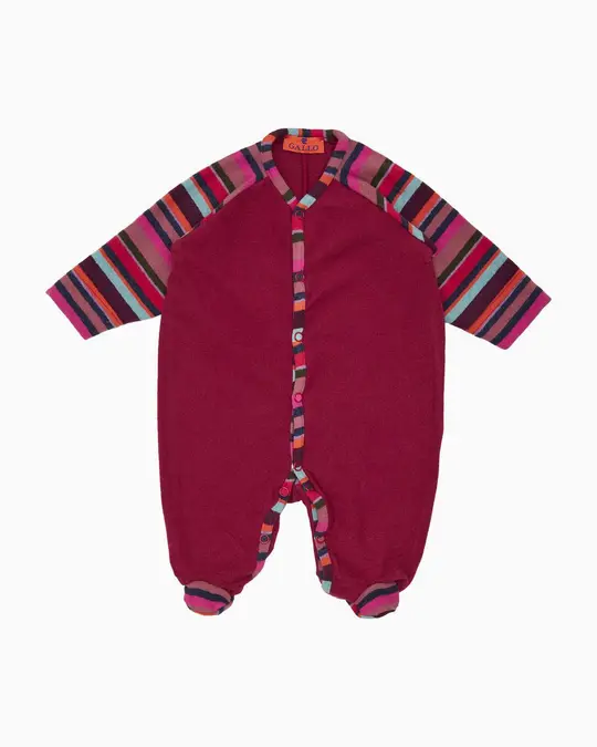 Tutina con piedi bambino pile rosa tinta unita con inserti righe multicolor