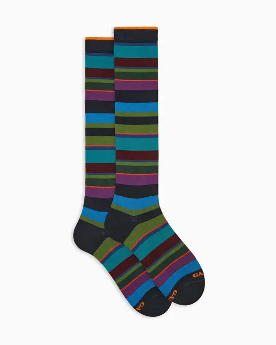 Calze lunghe uomo cotone caldo blu righe multicolor