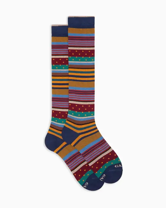 Calze lunghe donna cotone caldo blu fantasia mix righe e pois