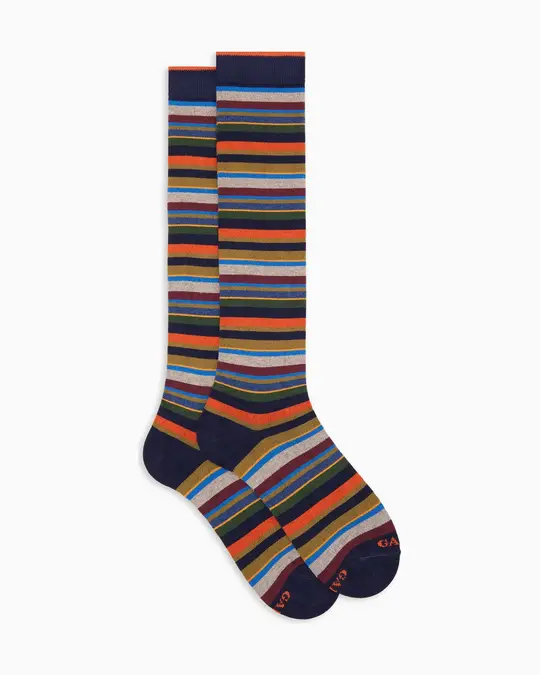 Calze lunghe uomo cotone e cashmere grigio righe multicolor micro