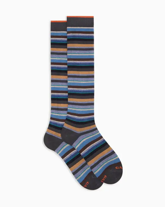 Calze lunghe uomo cotone e cashmere grigio righe multicolor micro