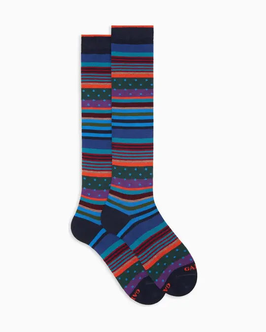 Calze lunghe uomo cotone caldo blu fantasia mix righe e pois