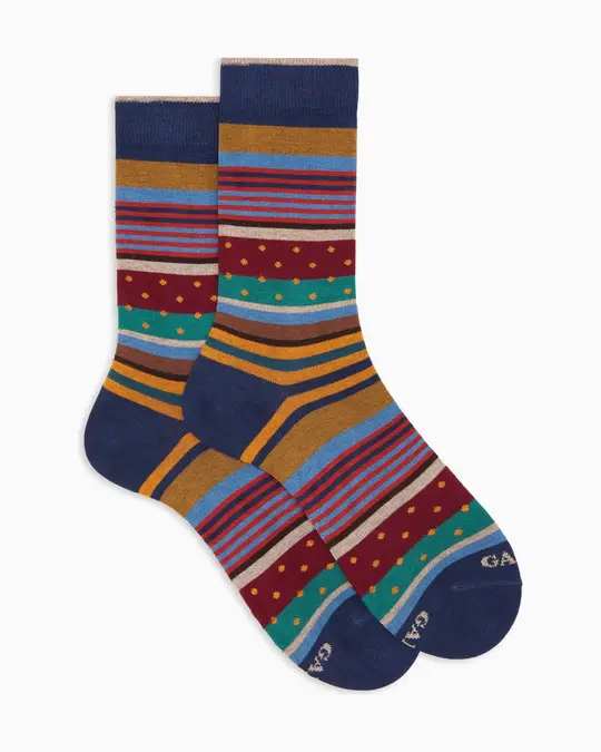 Calze corte uomo cotone caldo blu fantasia mix righe e pois