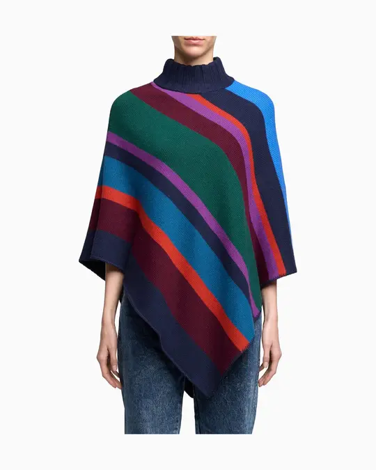 Poncho donna lana, viscosa e cashmere blu righe multicolor