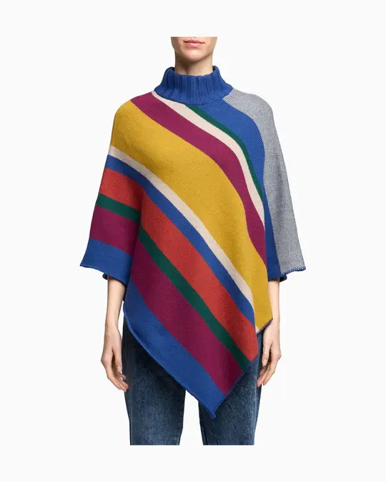 Poncho donna lana, viscosa e cashmere blu righe multicolor