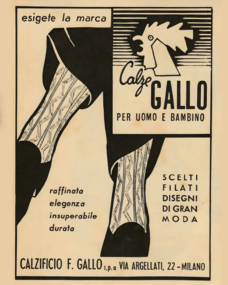 Pubblicità d'epoca: «esigete la marca», Calze Gallo per uomo e bambino, Calzificio F. Gallo, via Argellati 22, Milano
