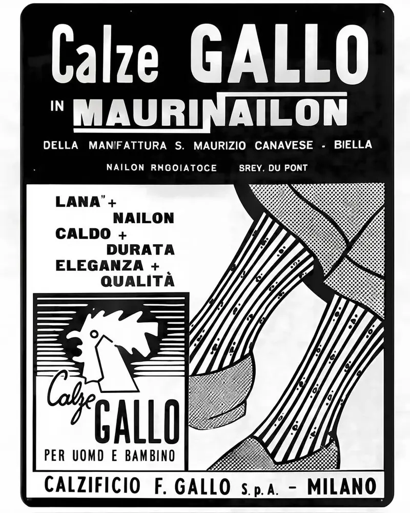 Pubblicità d'epoca: Calze Gallo in Maurinailon, lana più nailon, caldo, durata, eleganza, qualità; Calzificio F. Gallo, Milano