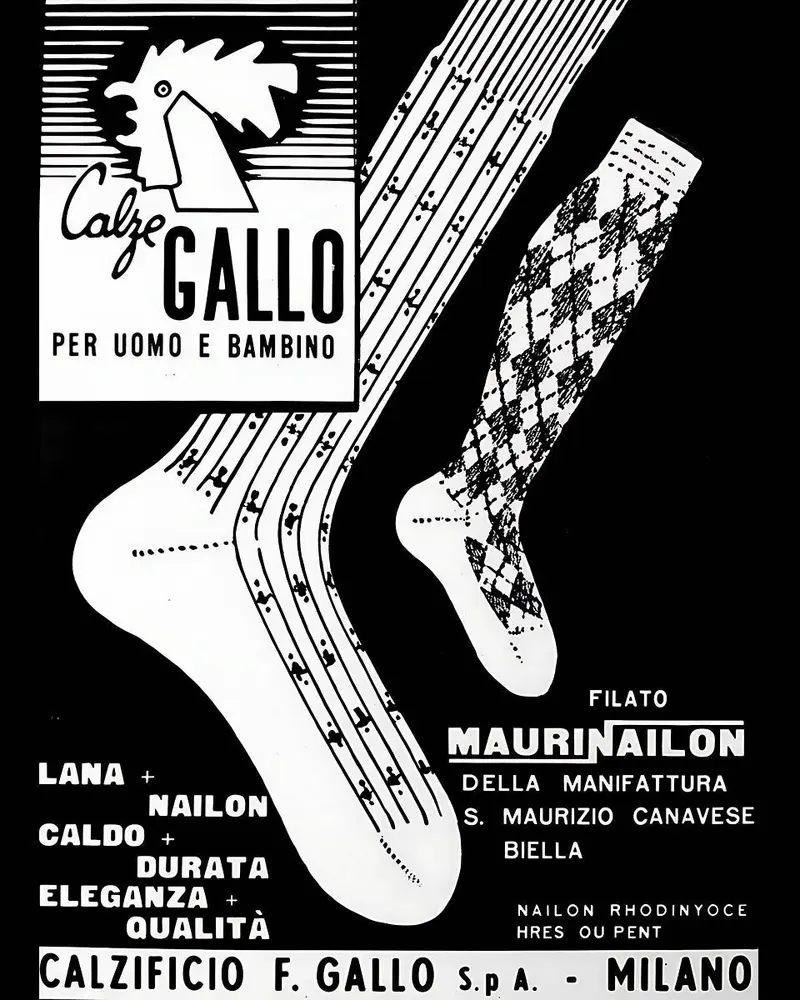 Pubblicità d'epoca: Calze Gallo per uomo e bambino, filato Maurinailon; Calzificio F. Gallo, Milano